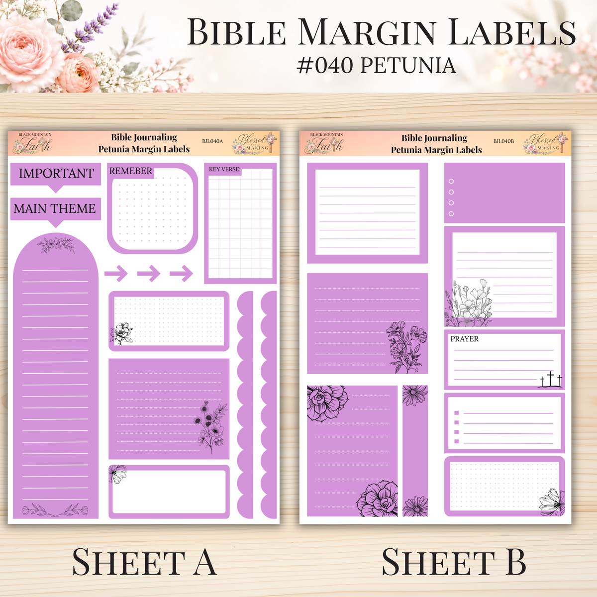Bible Margin Labels #040 Petunia | Physical Sticker Sheets for Scripture Study