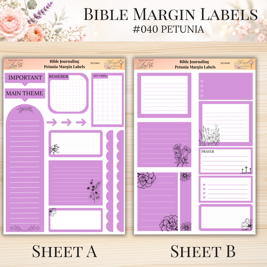 Bible Margin Labels #040 Petunia | Physical Sticker Sheets for Scripture Study