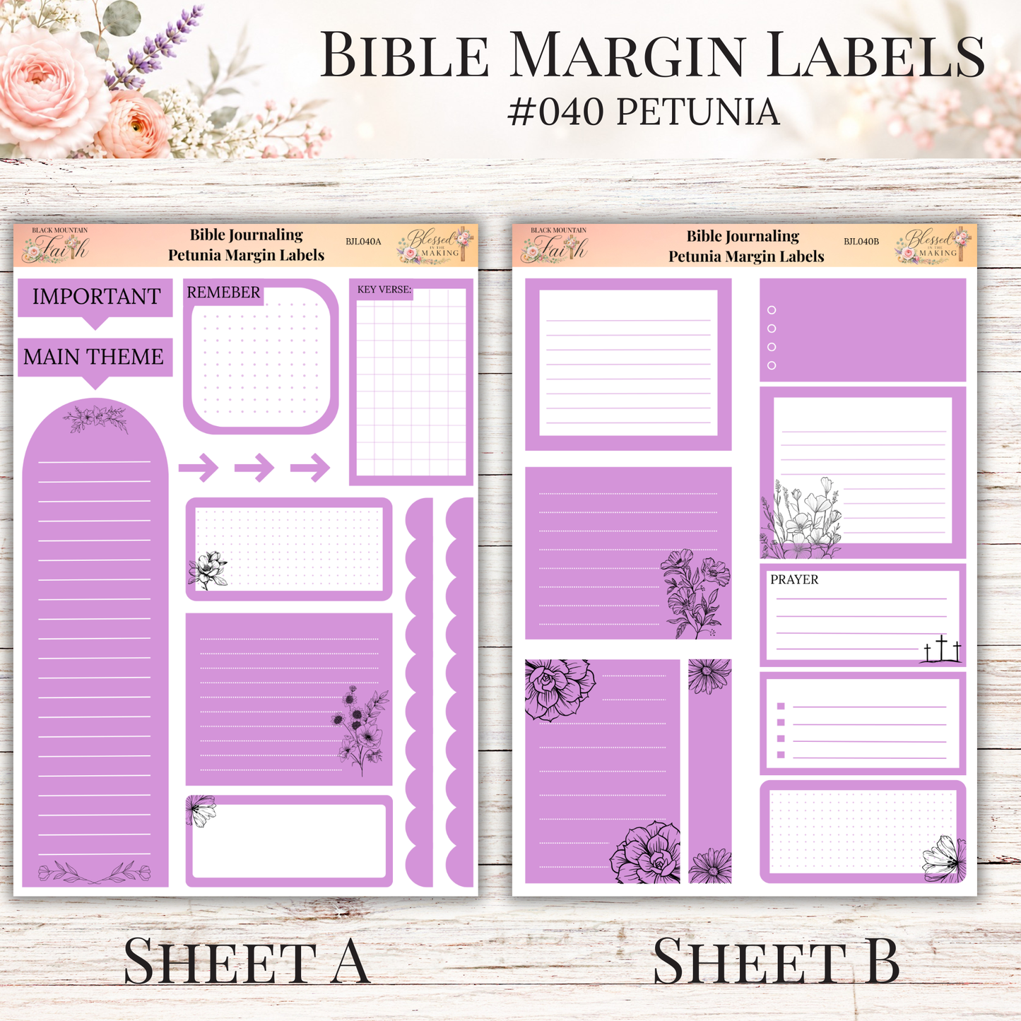 Bible Margin Labels #040 Petunia | Physical Sticker Sheets for Scripture Study