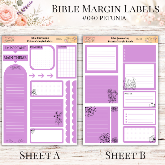 Bible Margin Labels #040 Petunia | Physical Sticker Sheets for Scripture Study