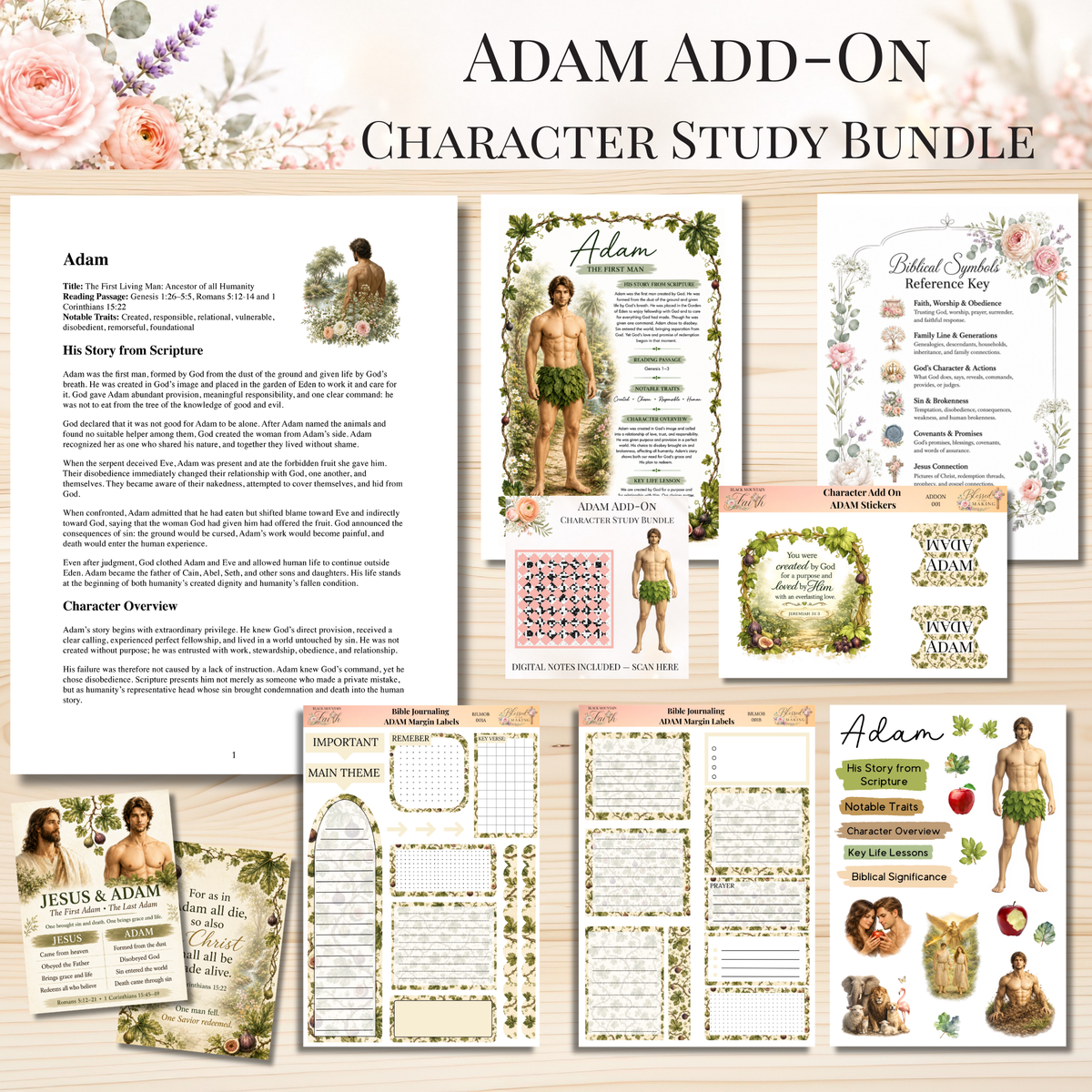 Adam Add-On Character Study Bundle | Physical Bible Study Notes, Tip-Ins, Stickers & Bible Margin Labels
