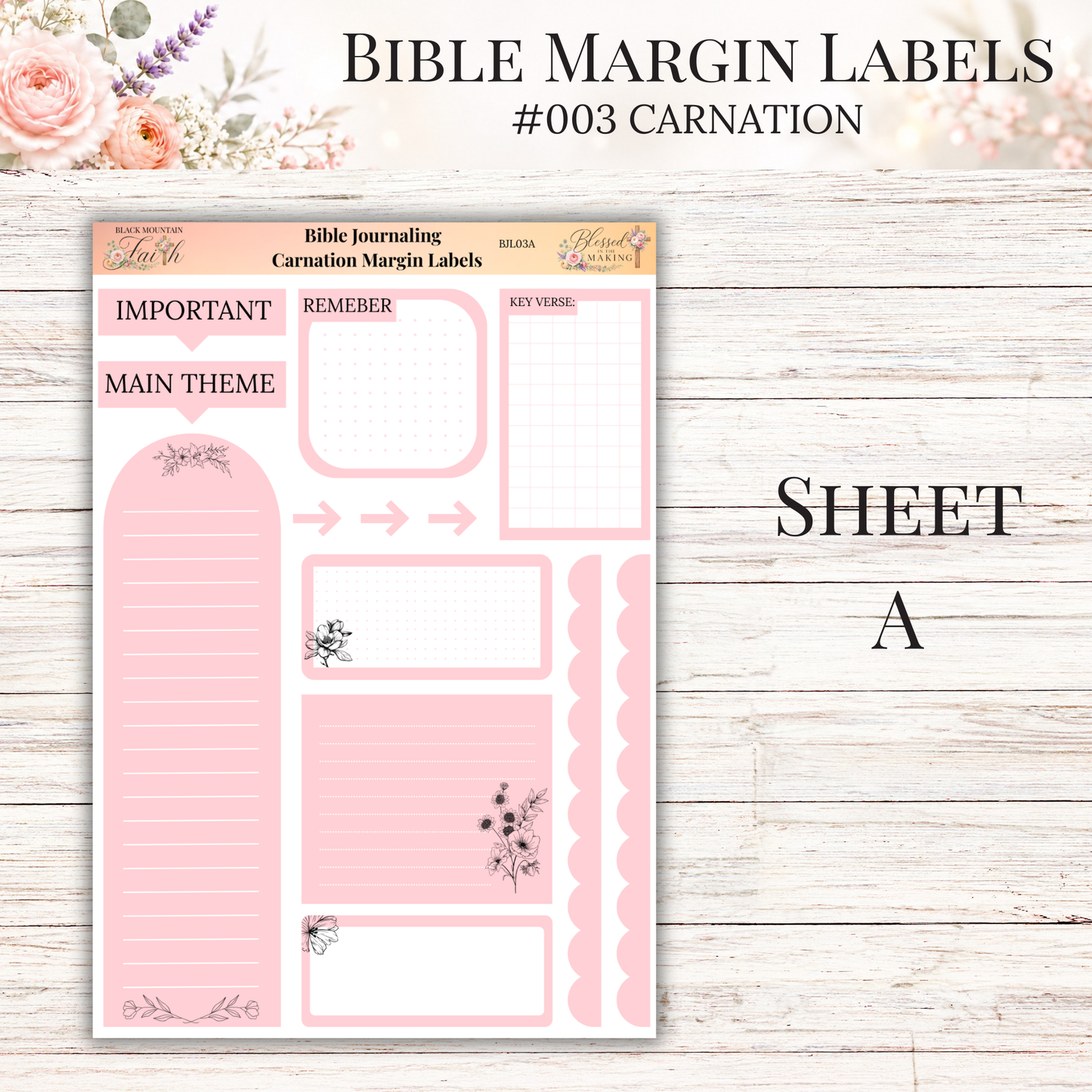 Bible Margin Labels #003 Carnation | Physical Sticker Sheets for Scripture Study