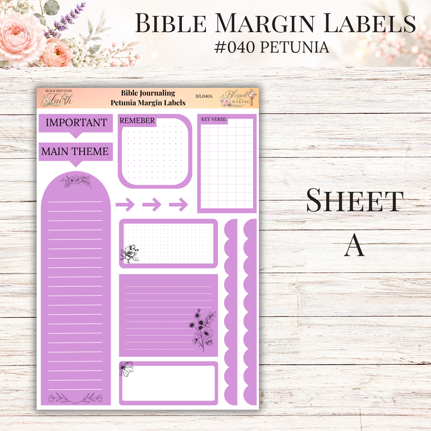 Bible Margin Labels #040 Petunia | Physical Sticker Sheets for Scripture Study