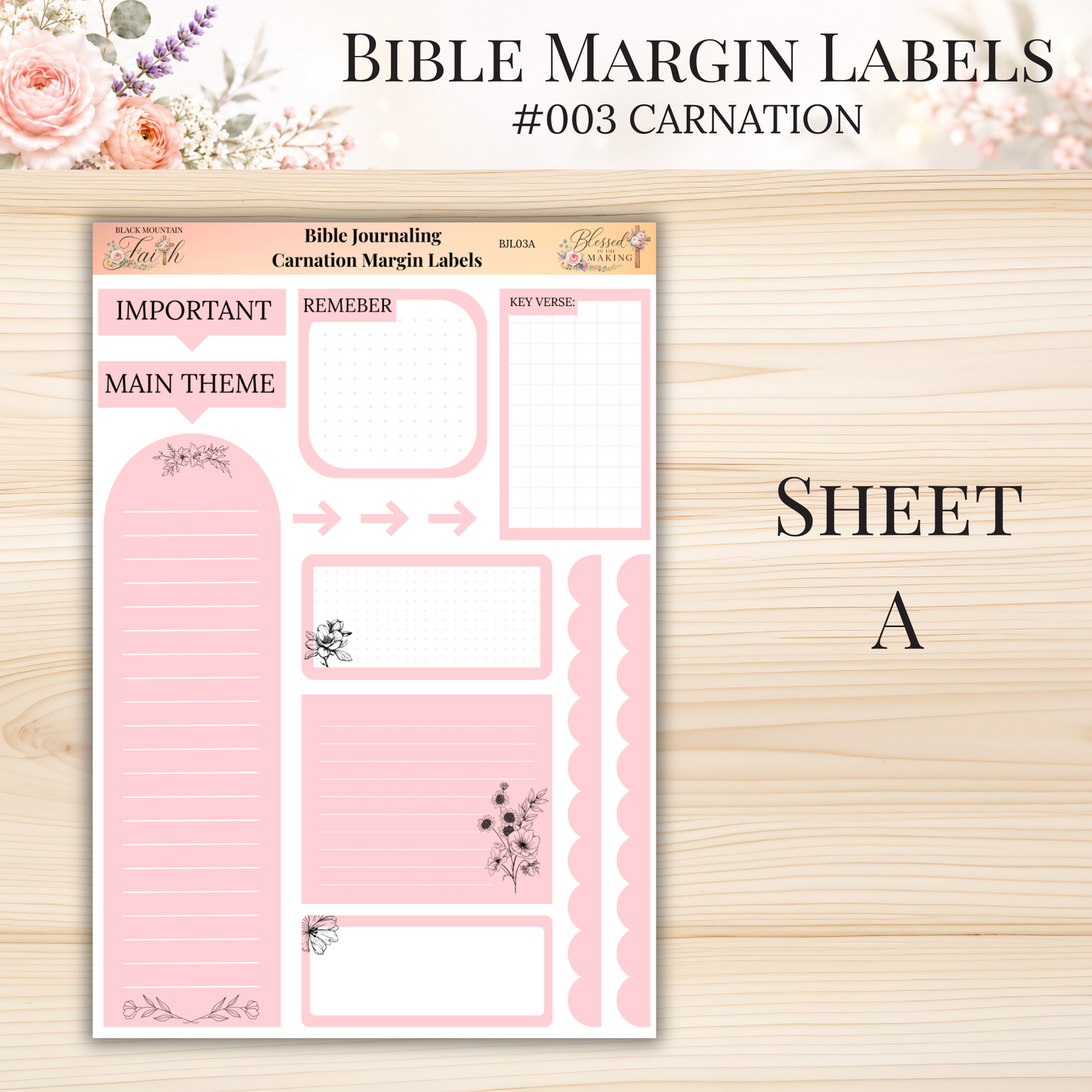Bible Margin Labels #003 Carnation | Physical Sticker Sheets for Scripture Study