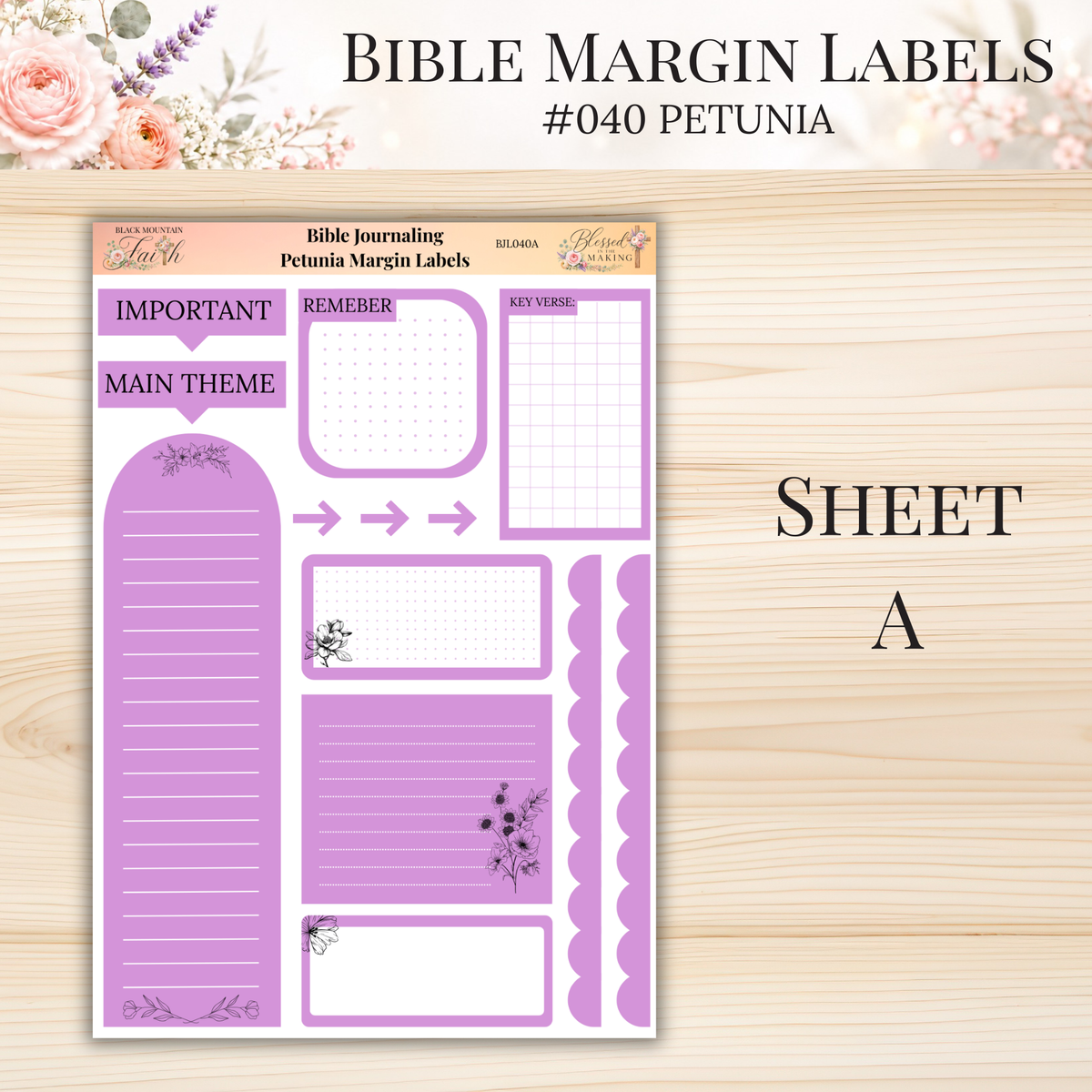 Bible Margin Labels #040 Petunia | Physical Sticker Sheets for Scripture Study