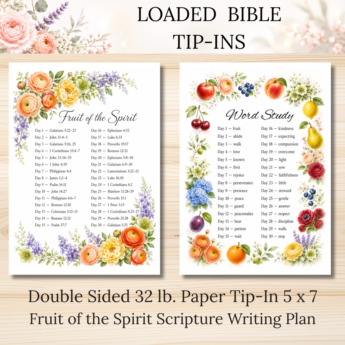 Fruit of the Spirit || Scripture Writing & Word Study || Double Sided Loaded Bible Tip-In || 32 lb. Paper