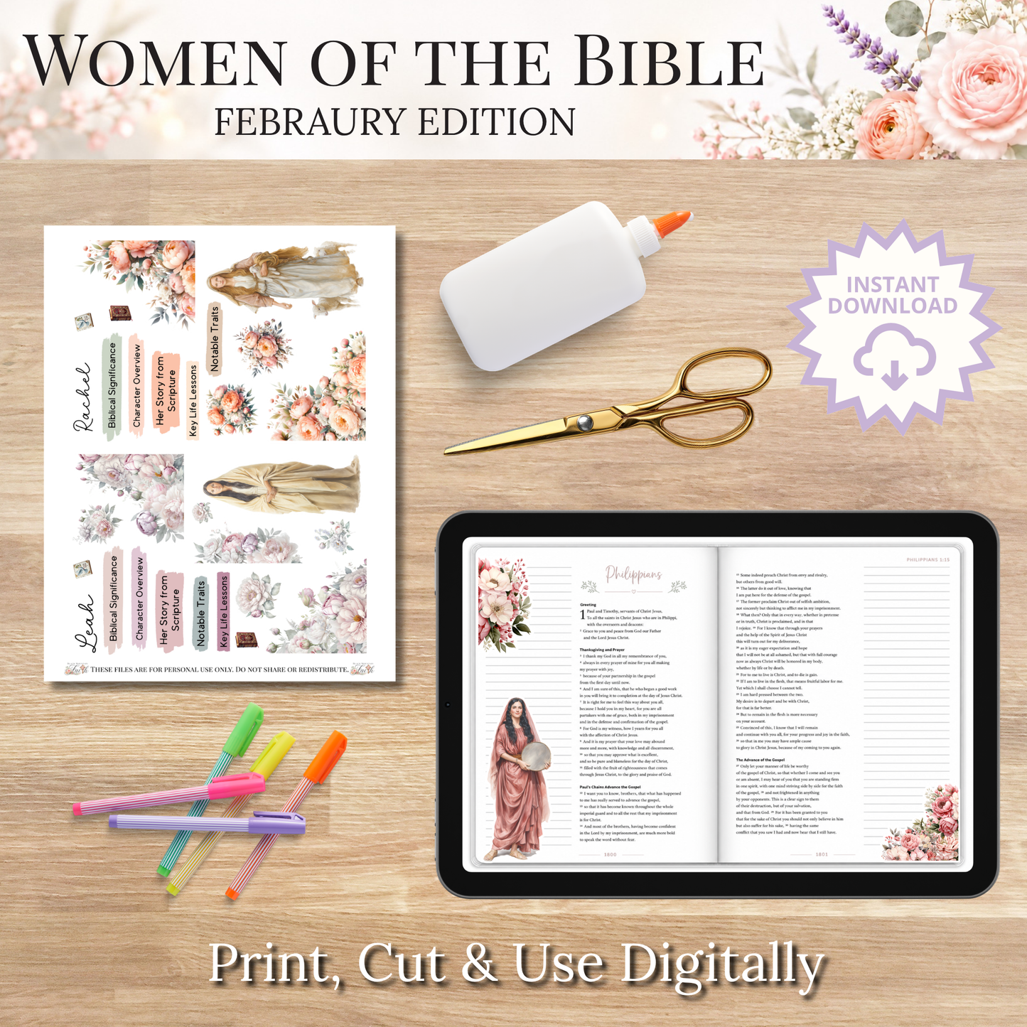 February Women of the Bible | Printable PDF | Cricut & Silhouette Files | Digital Stickers