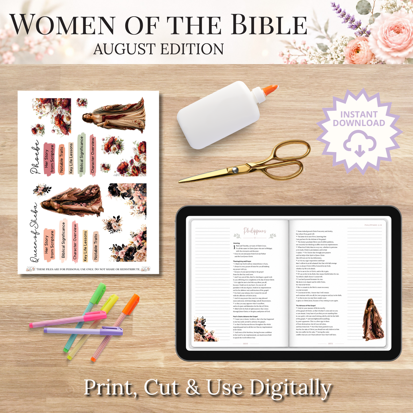 August Women of the Bible | Printable PDF | Cricut & Silhouette Files | Digital Stickers