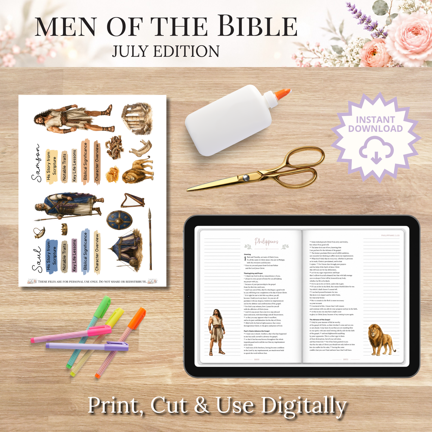 July Men of the Bible | Printable PDF | Cricut & Silhouette Files | Digital Stickers