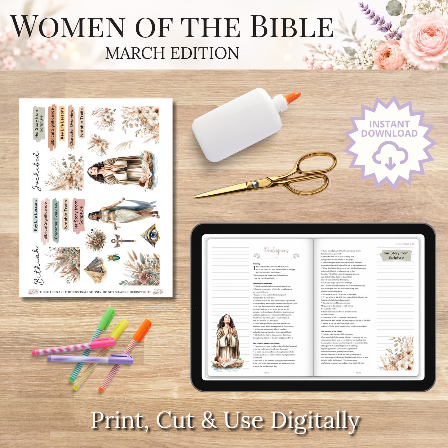 March Women of the Bible | Printable PDF | Cricut & Silhouette Files | Digital Stickers