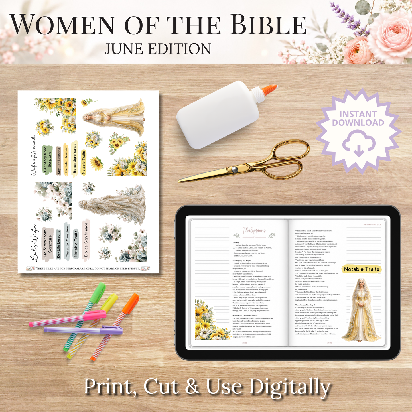 July Women of the Bible | Printable PDF | Cricut & Silhouette Files | Digital Stickers